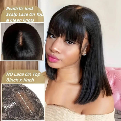 Choice Short Bob Wig Bone Straight 100% Human Hair With Bangs 3x1 Lace Middle Part Wigs For Black Women Bob Wigs - FLORANZANI- Beauté & Santé