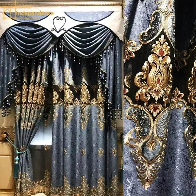 New Blue Stamped Embroidered Jacquard Curtains for Living Room Bedroom Villa Customized Home Decoration Finished Valance - FLORANZANI- Beauté & Santé