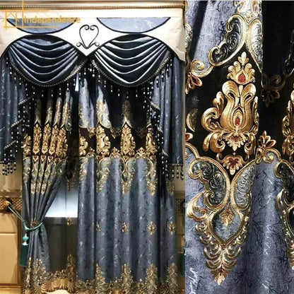 New Blue Stamped Embroidered Jacquard Curtains for Living Room Bedroom Villa Customized Home Decoration Finished Valance - FLORANZANI- Beauté & Santé