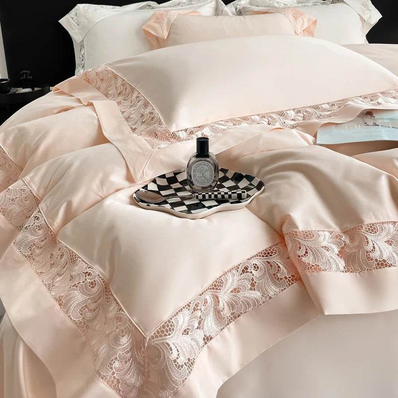 Luxury Hollow Lace Wide Embroidery 1200TC Egyptian Cotton 4Pcs Bedding Set Duvet Cover Set Flat/Fitted Bed Sheet Pillowcases - FLORANZANI- Beauté & Santé