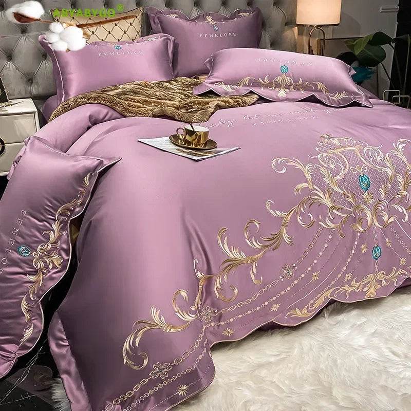 European Style Bedding Set Luxury Gold Royal Embroidery Satin Double Duvet Cover Pure Cotton Bed Sheets and Pillowcases Bed Set - FLORANZANI- Beauté & Santé