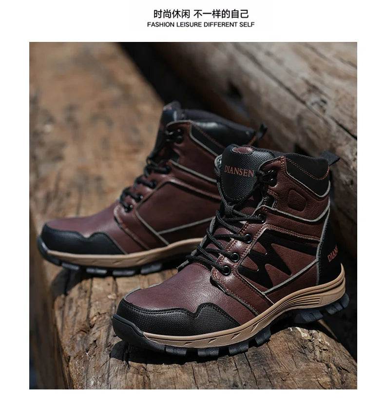 Tongue-linking Design Waterproof Leather Security Work Safety Boots for Men Anti-smash Anti-puncture Male Shoes Botas Brown - FLORANZANI- Beauté & Santé