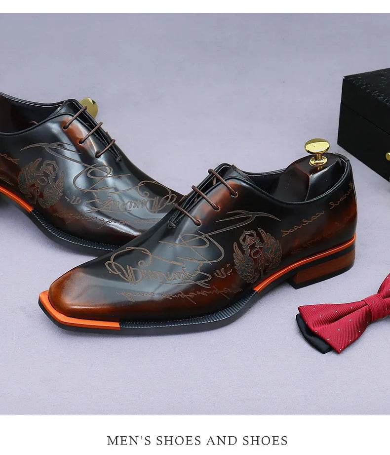 Embossed Printed Business Formal Cowhide Shoes Men's Oxfords Genuine Leather Casual Lacquered Shiny Leather British Men's Shoes - FLORANZANI- Beauté & Santé