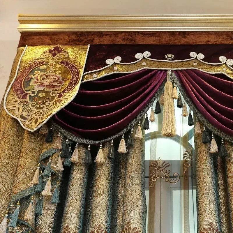 Luxury Golden Velvet Embroidered Curtains for Living Room Bedroom Elegant Hollow Shading Drapes Custom Valance Tulle Villa Decor - FLORANZANI- Beauté & Santé