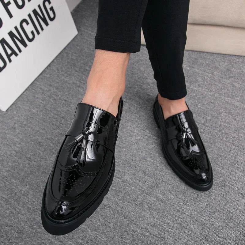 Golden Men's Casual Slip-On Tassel Patent Loafers Thick Bottom Elevator Shoes Fashion Men's Party Shoes Business Shoes Brogue - FLORANZANI- Beauté & Santé