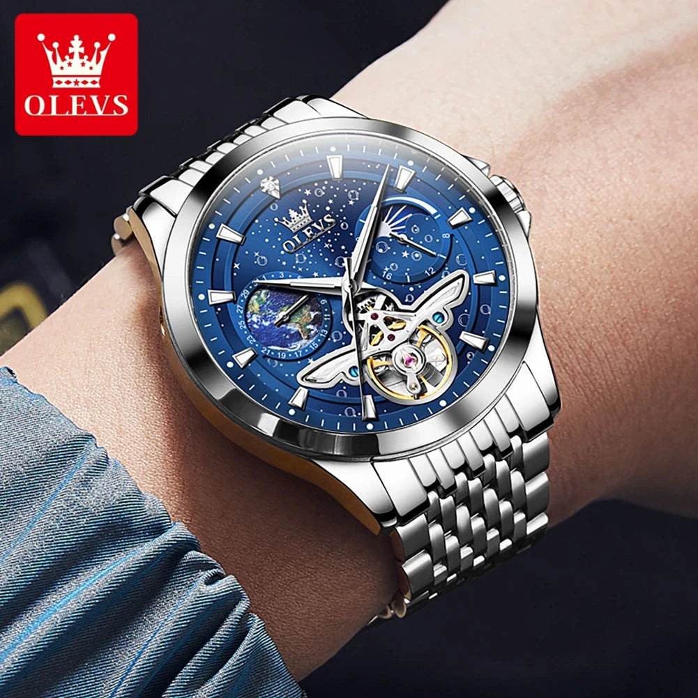 OLEVS Man Watch Skeleton Automatid Mechanical Wrist Watch For Mens Waterproof Moon Date Business Watch 6705 - FLORANZANI- Beauté & Santé