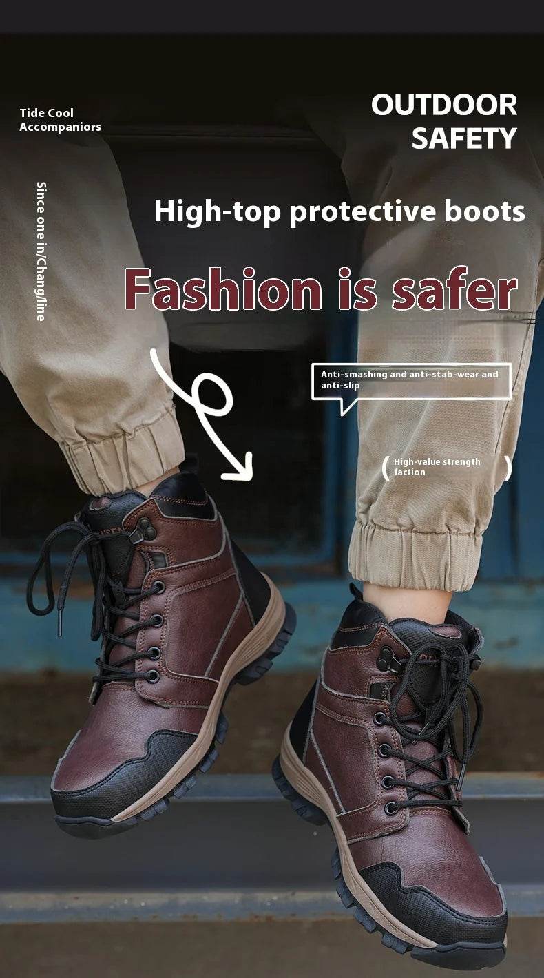 Tongue-linking Design Waterproof Leather Security Work Safety Boots for Men Anti-smash Anti-puncture Male Shoes Botas Brown - FLORANZANI- Beauté & Santé