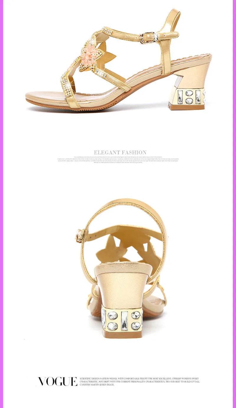 2023 New Fashion Sandals Ladies High and Low Heel Sandals Leather Women's Sandals with Diamonds Outdoor Ladies Beach Shoes - FLORANZANI- Beauté & Santé