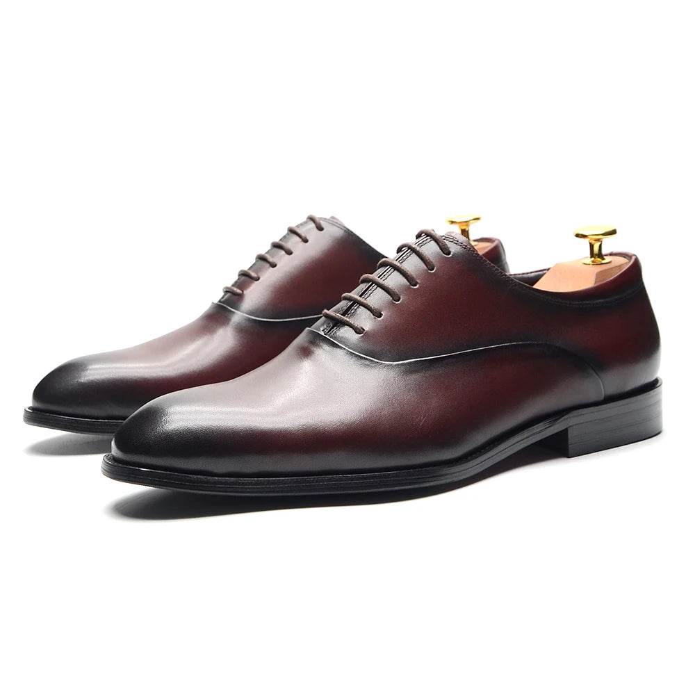 Italian Classic Mens Oxford Dress Shoes Genuine Leather Lace-up Plain Toe Burgundy Black Business Wedding Formal Shoes for Men - FLORANZANI- Beauté & Santé