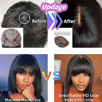 Middle Part 3X1 Hd Lace Wig Bone Straight Human Hair Wigs With Bangs Short Bob Wigs Full Machine Made Short Bob Human Hair Wigs - FLORANZANI- Beauté & Santé