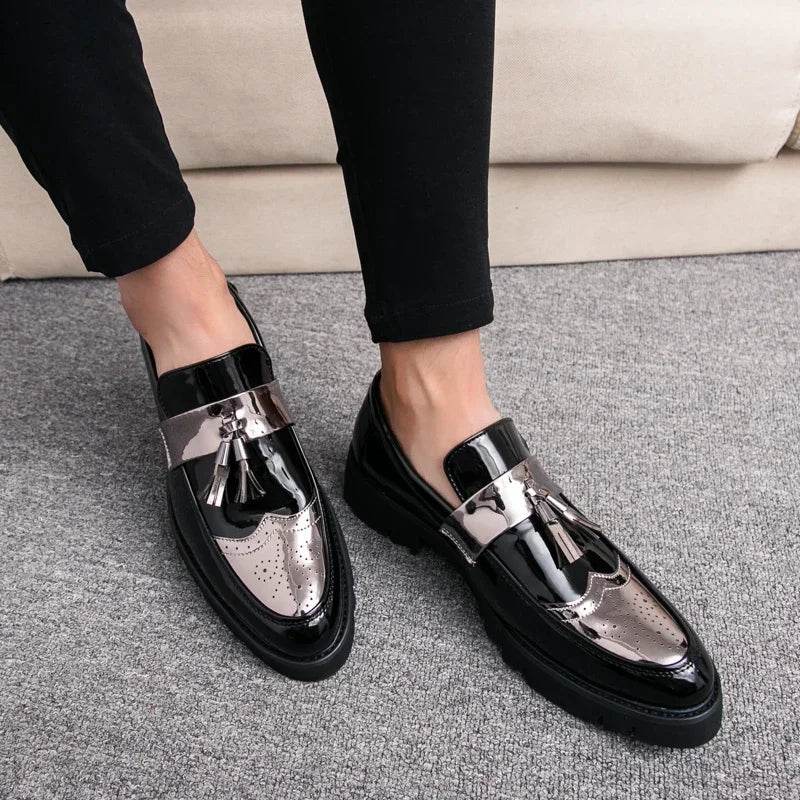 Golden Men's Casual Slip-On Tassel Patent Loafers Thick Bottom Elevator Shoes Fashion Men's Party Shoes Business Shoes Brogue - FLORANZANI- Beauté & Santé