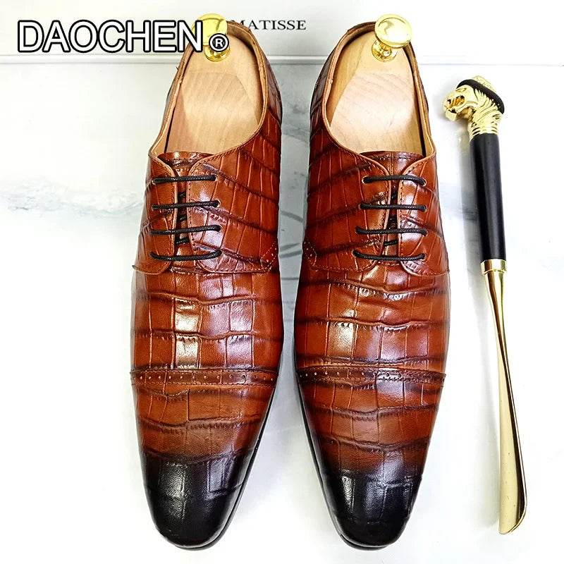 LUXURY BRAND CASUAL MEN DRESS SHOES BROWN BLACK LACE UP POINTED DERBY OXFORD PRINT WEDDING OFFICE REAL LEATHER SHOES MEN - FLORANZANI- Beauté & Santé