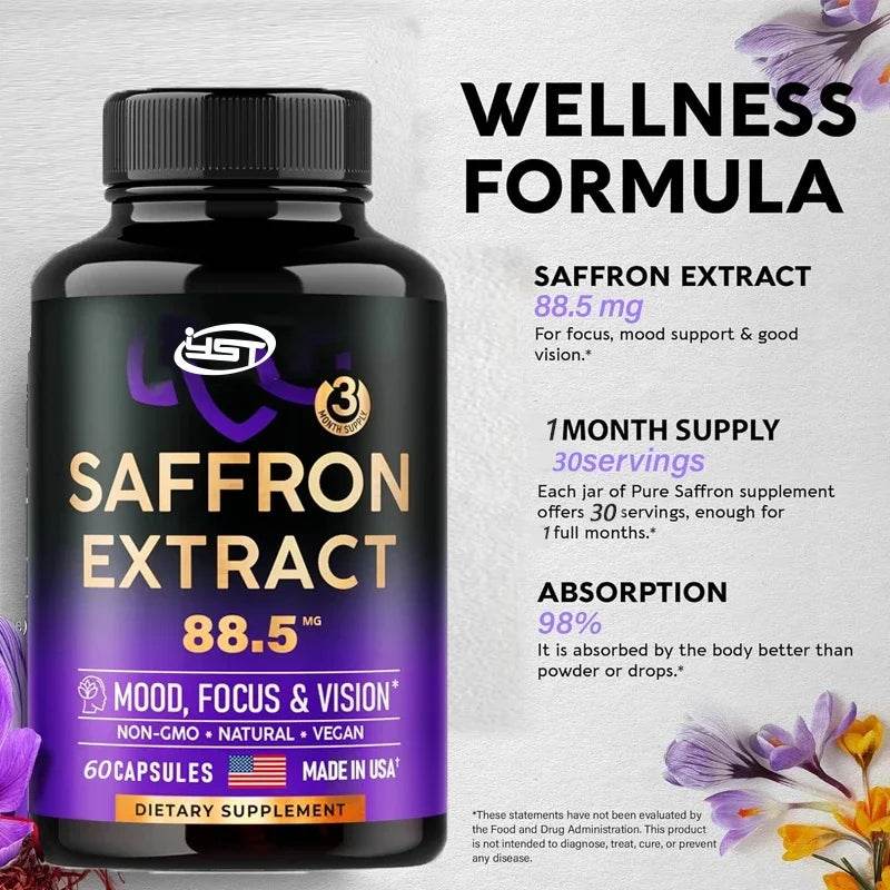 Natural Saffron Supplement Mood | Focus | Vision | Energy Support - Male and Female Eye Health - Non GMO -60 capsules, - FLORANZANI- Beauté & Santé