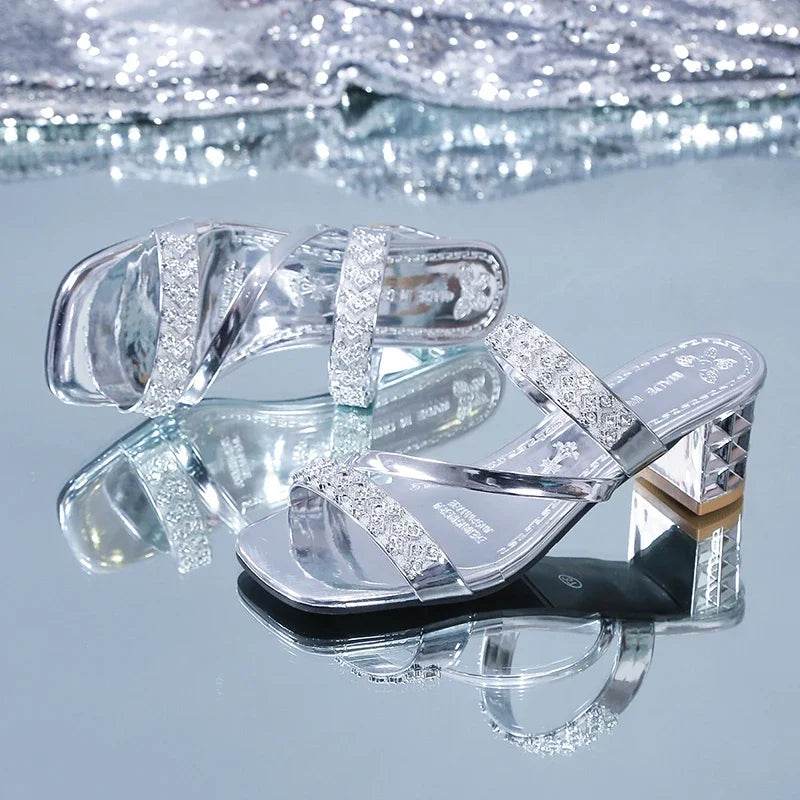 Shiny Gold Silver Women's Sandals Summer 2023 Crystal High Heels Party Shoes Woman Comfortable Thick Heel Slides Sandalias Mujer - FLORANZANI- Beauté & Santé