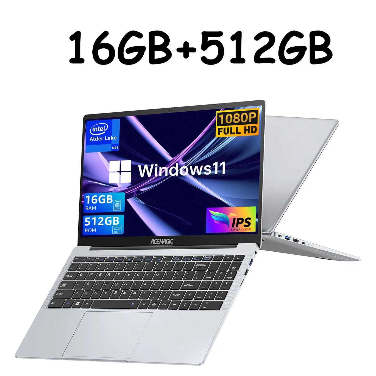 Portátil ultradelgado ACEMAGIC de 15,6", 16 GB de RAM, 512 GB de SSD, Intel N97, para gamers, pantalla de 1920 x 1080, ideal para oficina, estudio y Windows 11.