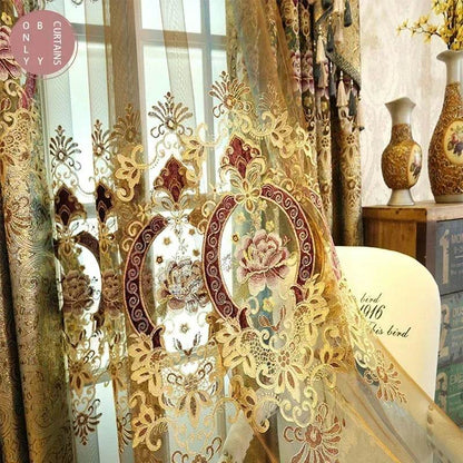 Gold Gilded Embroidered Hollowed Out Velvet Curtains for Living Room Bedroom Partition Curtains Customized Villa Valance Tube - FLORANZANI- Beauté & Santé