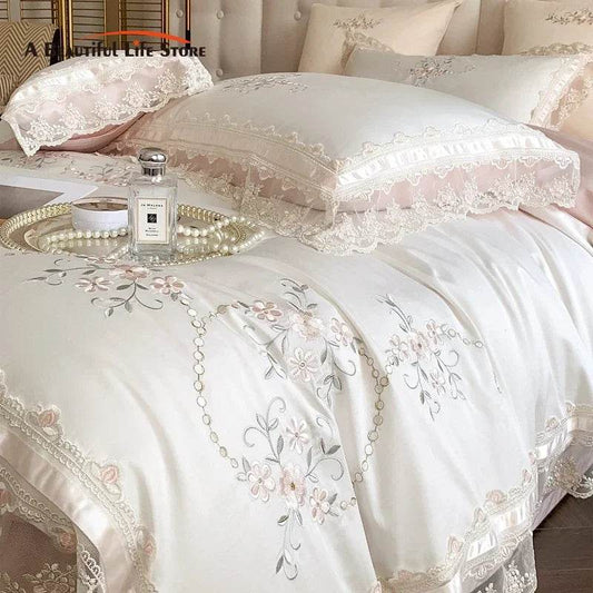 Romantic French Lace Flowers Embroidery Wedding Bedding Set 1200TC Egyptian Cotton Soft Duvet Cover Set Bed Sheet Pillowcases - FLORANZANI- Beauté & Santé