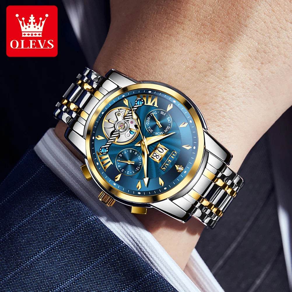 OLEVS 9965 Mens Watch Classic Hollow Out Automatic Mechanical Watch Original Movement Waterproof Luminous Calendar Year Moon - FLORANZANI- Beauté & Santé