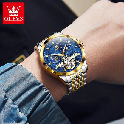 OLEVS Luxury Brand Men's Watches Luminous Waterproof Fully Automatic Mechanical Watch Starry Sky Dial Moon Phase Hollow Out - FLORANZANI- Beauté & Santé