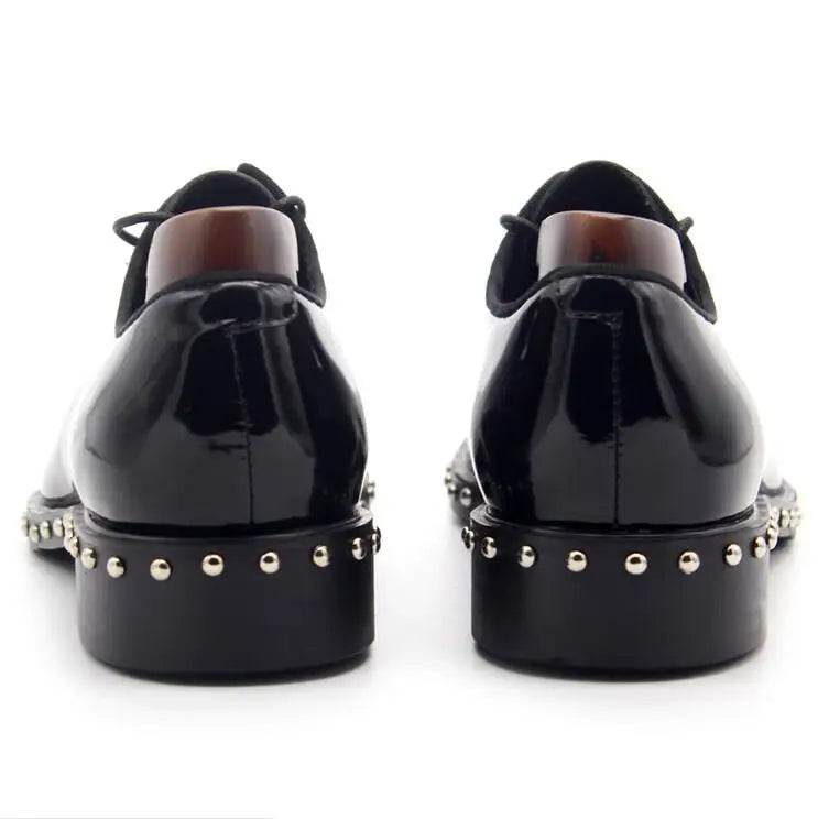 Handmade Genuine leather Black Wedding Dress Shoe Rivets Patent leather Formal Business Shoes Studded Man Flats Lace up Hombre - FLORANZANI- Beauté & Santé