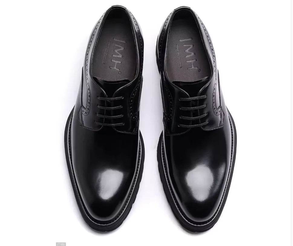 Bright Leather Derby shoes, thick-soled young wedding groom shoes, men's leather round head, business shoes, commuter dres - FLORANZANI- Beauté & Santé