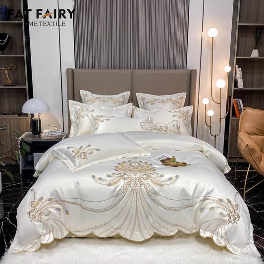 Luxury Gold Feather Embroidery Egyptian Cotton Champagne/Light Yellow Patchwork Duvet Cover Bed Sheet Pillowcases Bedding Set - FLORANZANI- Beauté & Santé