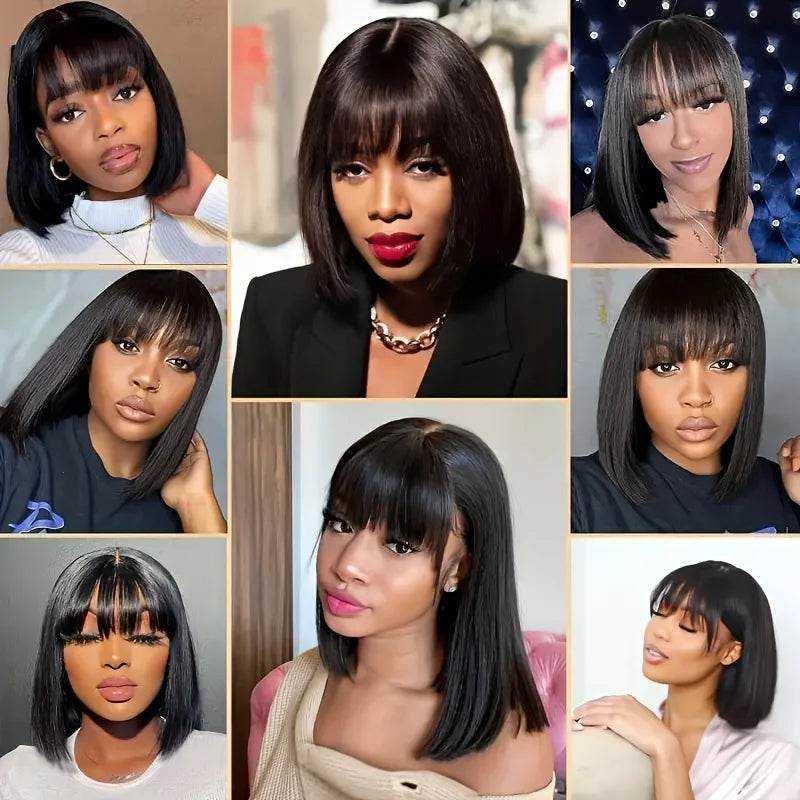 Choice Short Bob Wig Bone Straight 100% Human Hair With Bangs 3x1 Lace Middle Part Wigs For Black Women Bob Wigs - FLORANZANI- Beauté & Santé