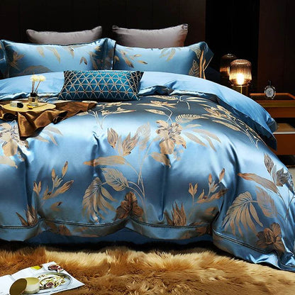 Luxury Satin Jacquard Cotton Bedding Set Gold Leaves Egyptian Cotton Smooth Duvet Cover Set Flat/Fitted Sheet Pillowcases - FLORANZANI- Beauté & Santé