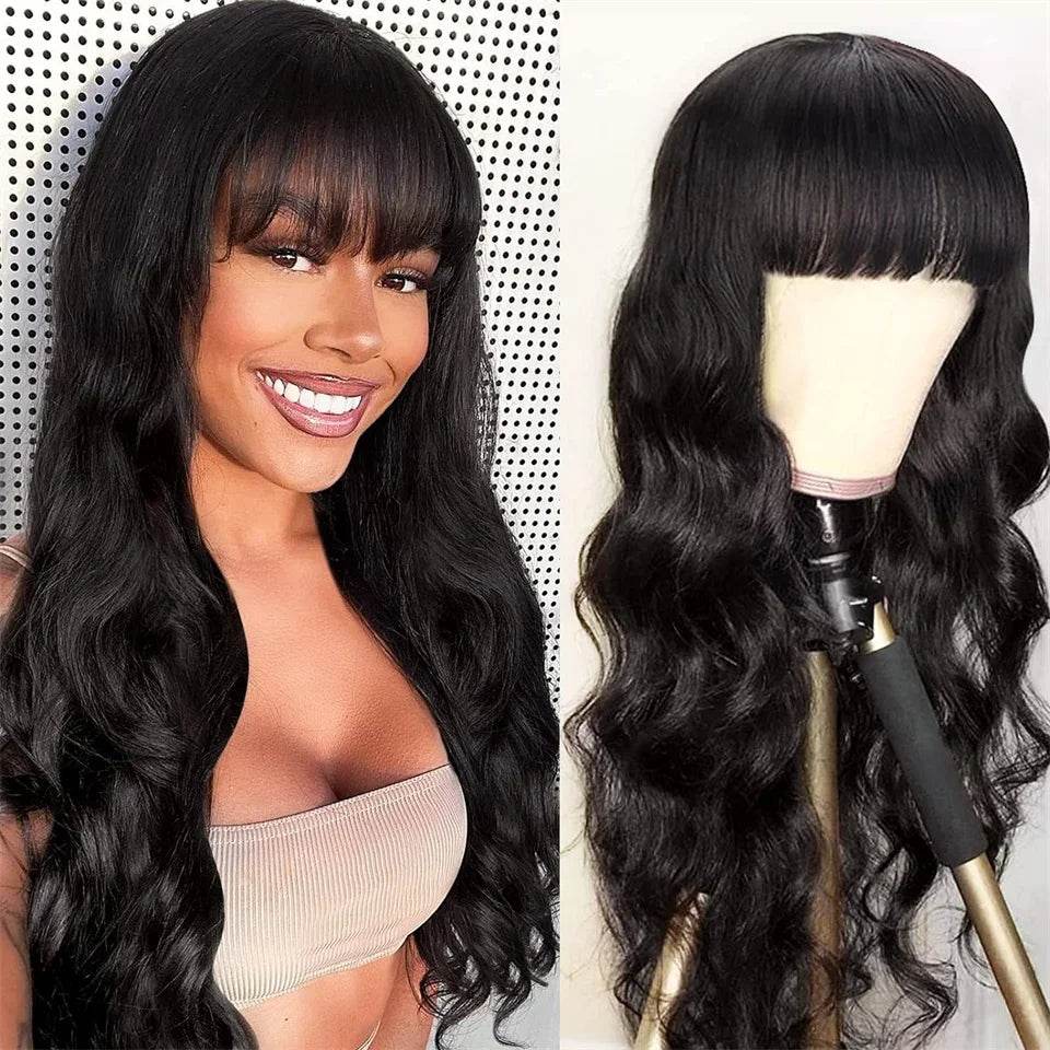 Brazilian 8-30 inches Body Wave Human Hair Wigs With Bang Virgin Hair 180% Density Full Machine Made Perruque For Black Women - FLORANZANI- Beauté & Santé