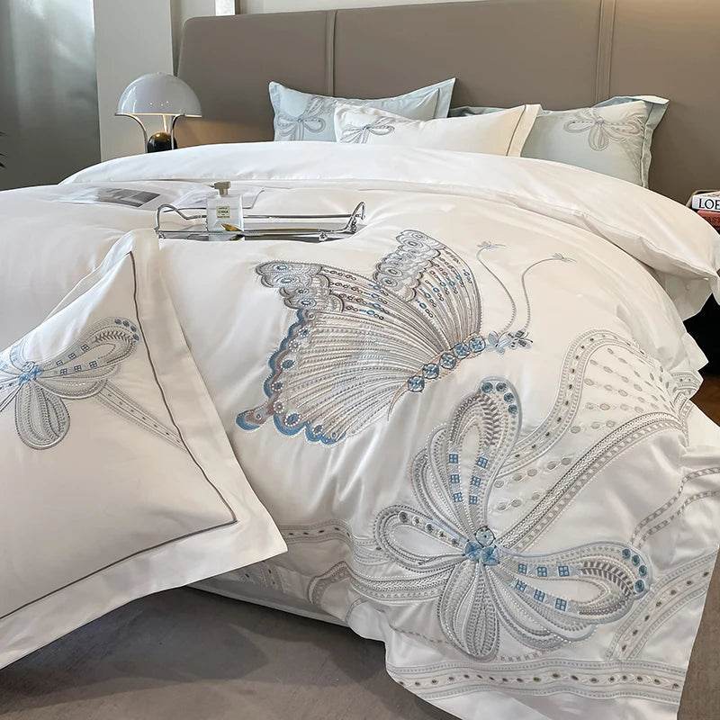 100% Egyptian Cotton Luxury Butterfly Embroidery Wedding Bedding Set 100% Cotton Duvet Cover Flat/Fitted Bed Sheet Pillowcases - FLORANZANI- Beauté & Santé