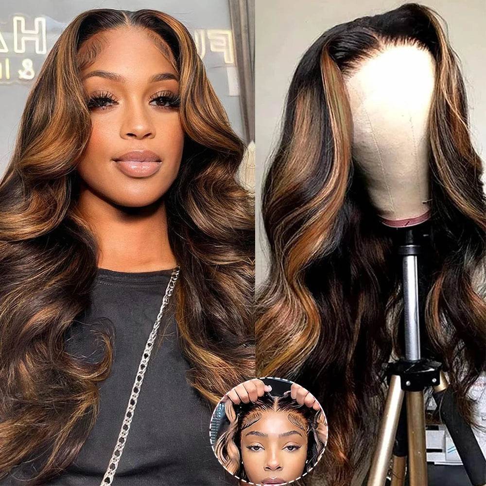 9x6 Wear and Go Glueless Wigs Human Hair Pre Plucked Pre Cut 1B/30 Highlight Ombre Lace Front Wigs Body Wave Human Hair Wigs - FLORANZANI- Beauté & Santé