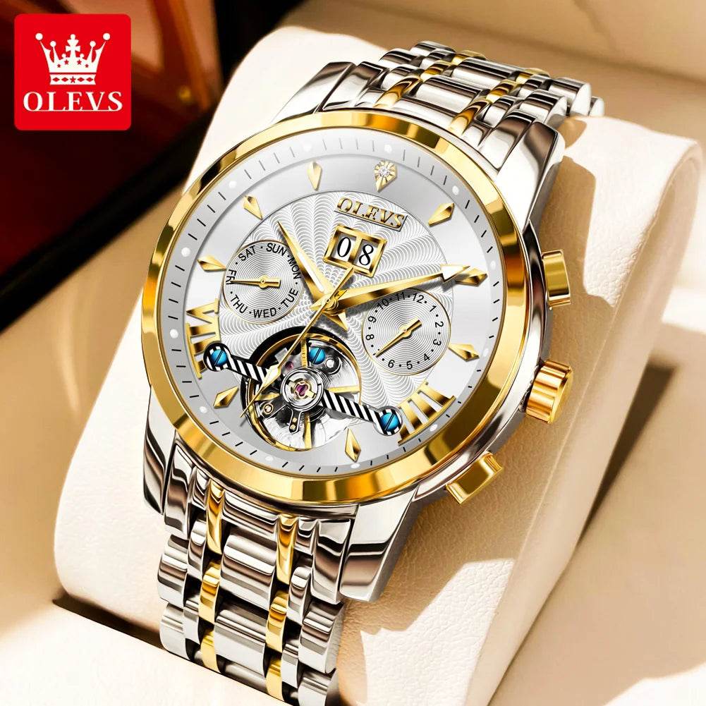 OLEVS 9965 Mens Watch Classic Hollow Out Automatic Mechanical Watch Original Movement Waterproof Luminous Calendar Year Moon - FLORANZANI- Beauté & Santé