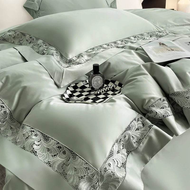 Luxury Hollow Lace Wide Embroidery 1200TC Egyptian Cotton 4Pcs Bedding Set Duvet Cover Set Flat/Fitted Bed Sheet Pillowcases - FLORANZANI- Beauté & Santé