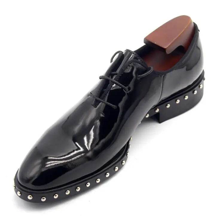 Handmade Genuine leather Black Wedding Dress Shoe Rivets Patent leather Formal Business Shoes Studded Man Flats Lace up Hombre - FLORANZANI- Beauté & Santé