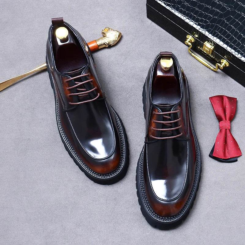 British Casual Leather Shoes for Men Formal Business Thick Soles High Gloss Genuine Leather Patent Leather Gentleman Dress Shoes - FLORANZANI- Beauté & Santé