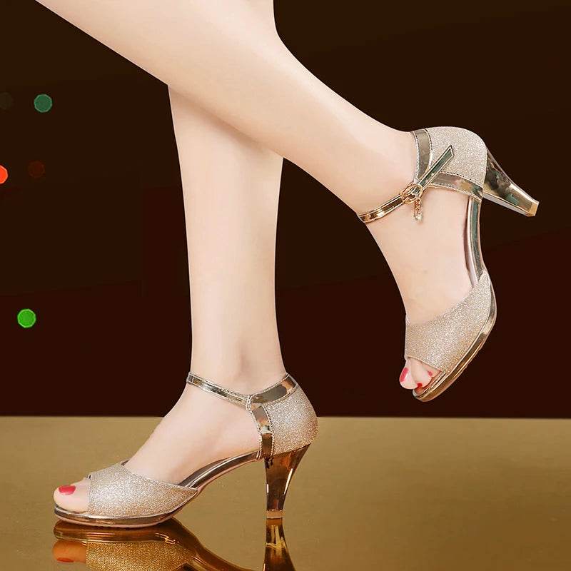 Korean casual sandals for women 2024 summer new item, shiny fish mouth slim heel 6cm high heels, Latin dance women's shoes - FLORANZANI- Beauté & Santé