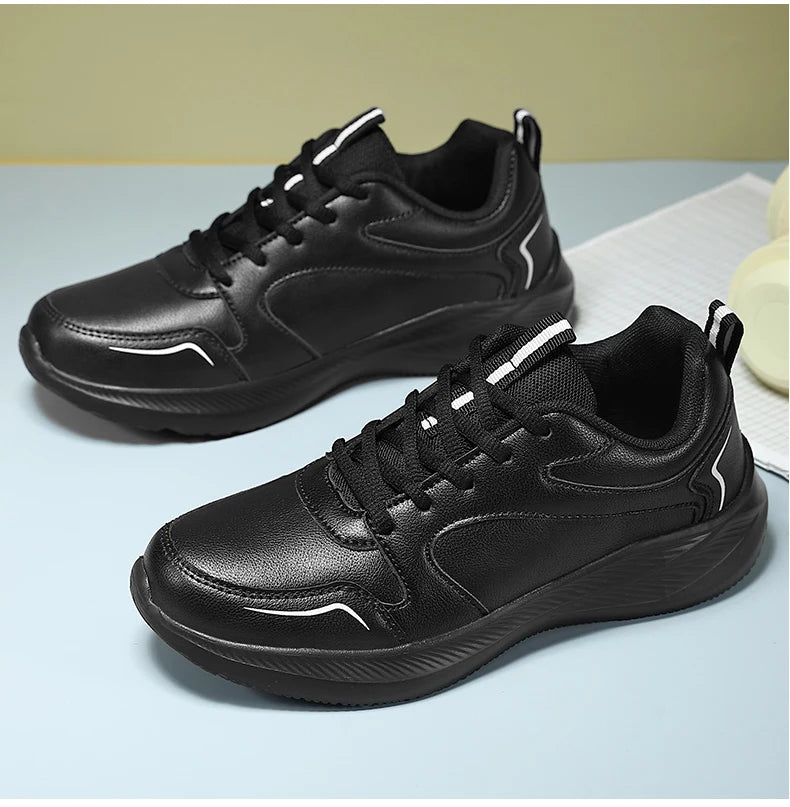 Women Running Shoes PU Leather Lace-up Men Warm Light Walking Sneaker Fitness Sport Flats Comfortable Black Size 35-44 Loafers