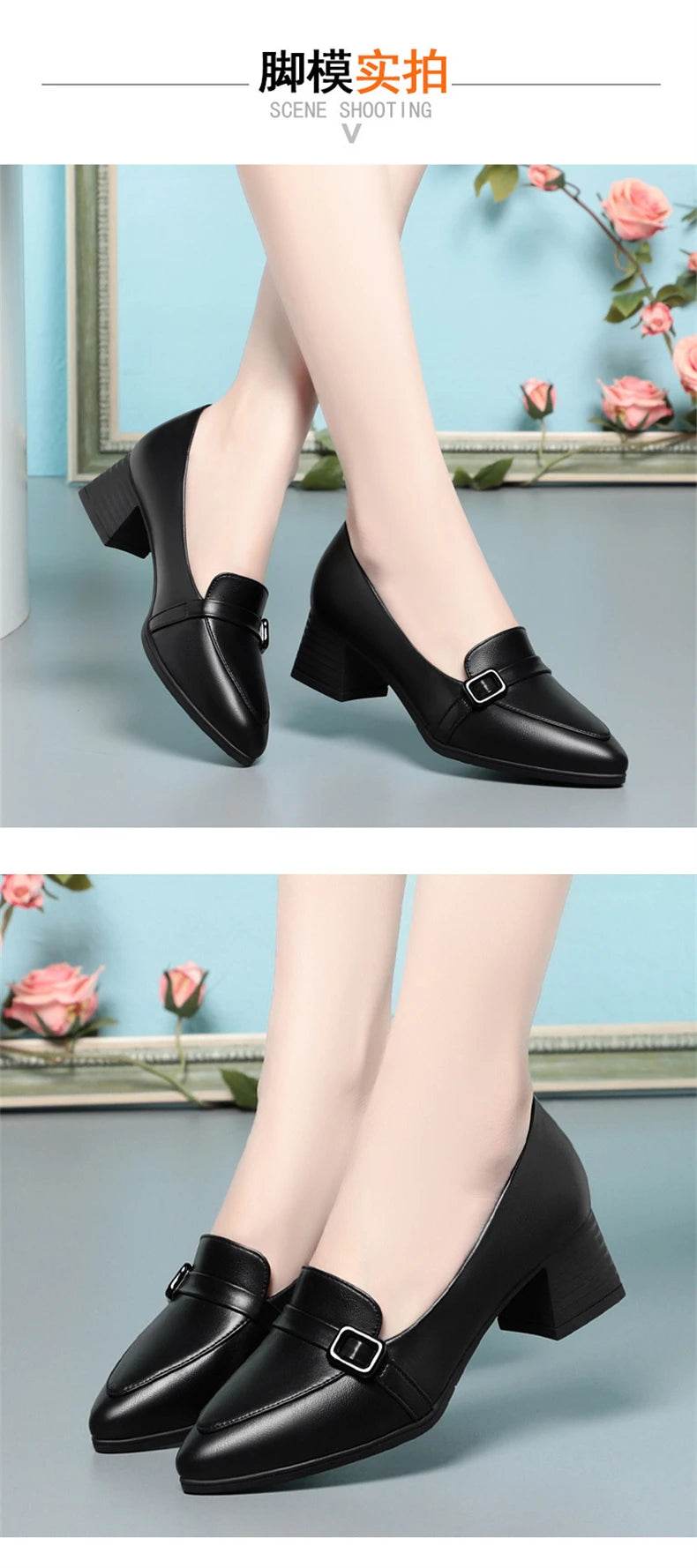 Fashion Elegant Soft Leather Shoes Women's Black Platform Loafers 2024 Spring Block High Heels Shoes For Office Work Daily Mom - FLORANZANI- Beauté & Santé