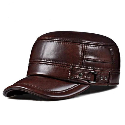 Winter Genuine Leather Cap Men's Flat Caps Military Hat Elegant Man Baseball Cap British Vintage Cowhide Ear Warm Hat - FLORANZANI- Beauté & Santé