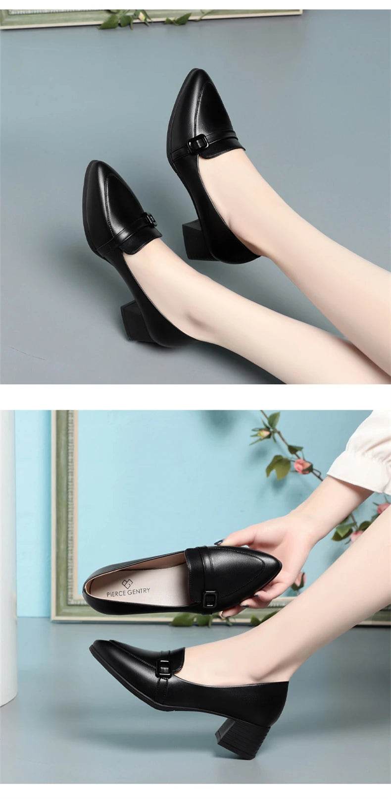 Fashion Elegant Soft Leather Shoes Women's Black Platform Loafers 2024 Spring Block High Heels Shoes For Office Work Daily Mom - FLORANZANI- Beauté & Santé