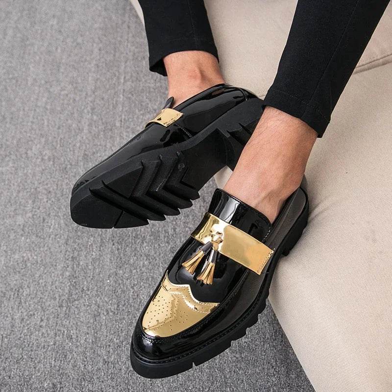 Golden Men's Casual Slip-On Tassel Patent Loafers Thick Bottom Elevator Shoes Fashion Men's Party Shoes Business Shoes Brogue - FLORANZANI- Beauté & Santé