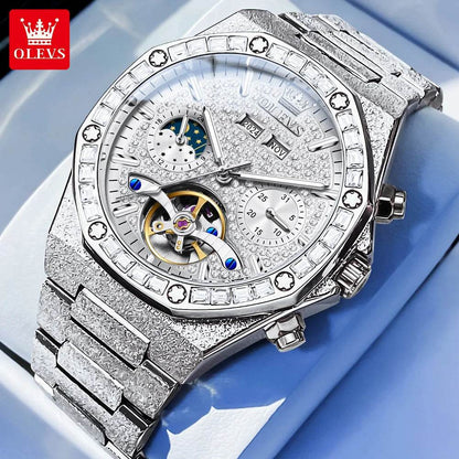 OLEVS 9805 High end Men Watches Waterproof Moon Phase Diamond Dial Fashion Luxury Mechanical Watch Skeleton Original Wristwatch - FLORANZANI- Beauté & Santé