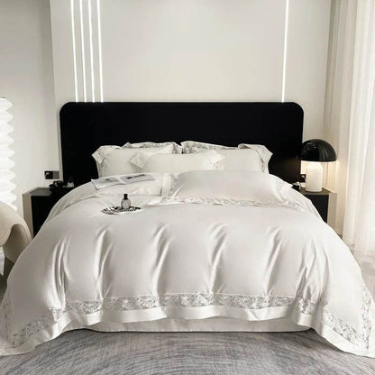 Luxury Hollow Lace Wide Embroidery 1200TC Egyptian Cotton 4Pcs Bedding Set Duvet Cover Set Flat/Fitted Bed Sheet Pillowcases - FLORANZANI- Beauté & Santé