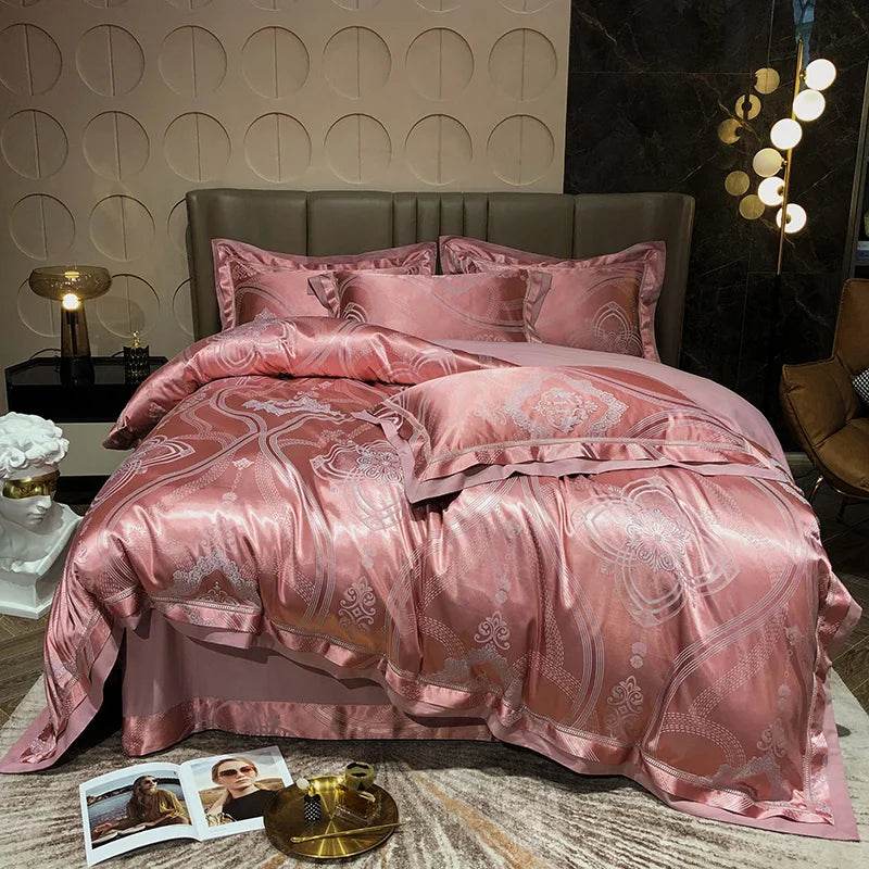 Soft Satin Jacquard Cotton Bedding Set, Luxury Duvet Cover, Blue, Gold, Gray, Queen, King Bed Sheet, Pillowcases, Home Textiles - FLORANZANI- Beauté & Santé