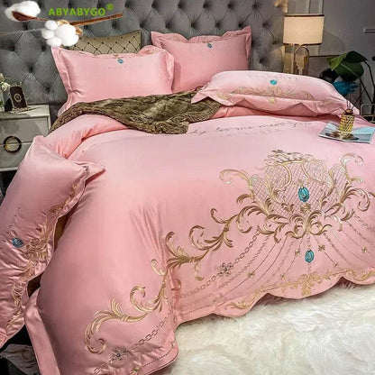 European Style Bedding Set Luxury Gold Royal Embroidery Satin Double Duvet Cover Pure Cotton Bed Sheets and Pillowcases Bed Set - FLORANZANI- Beauté & Santé