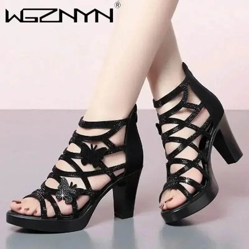 Woman Sandals Women Cyrstal Comfortable Pumps Ladies Fashion High Heels Female Rome Bling Hollow Out Shoes Women's Zip Footwear - FLORANZANI- Beauté & Santé