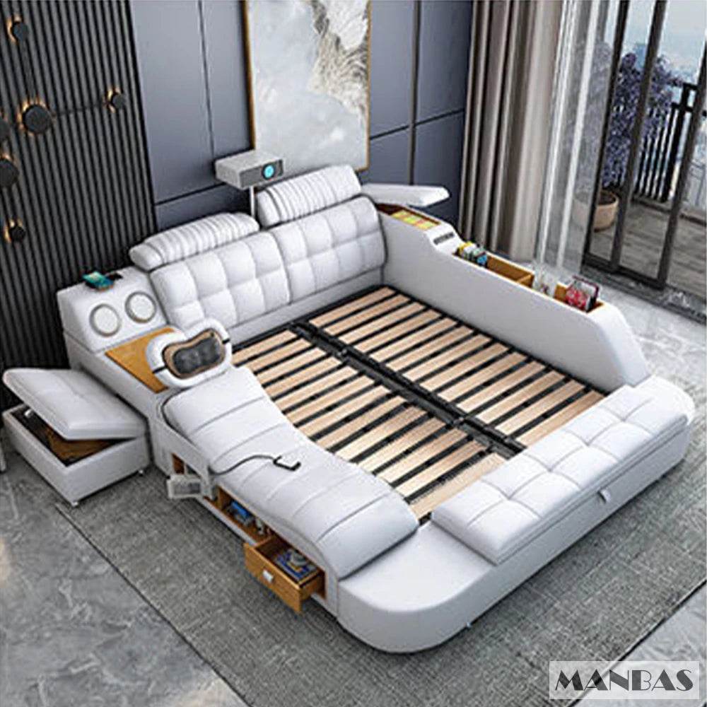 MINGDIBAO Tech Smart Genuine Leather Bed | Multifunctional Ultimate Beds | Massage Tatami Bed with Projecter | Upholstered Cama - FLORANZANI- Beauté & Santé