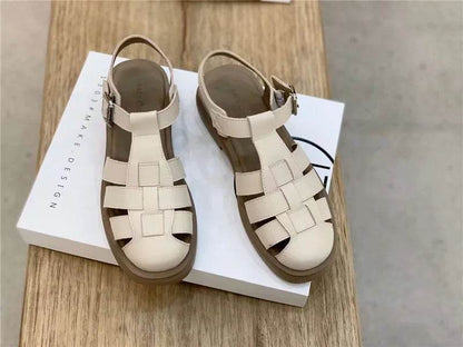 Women Sandals Retro Genuine Leather Luxury Roman Sandals Casual Buckle Strap Summer Shoes GLADIATOR Thick Heel Women Shoes - FLORANZANI- Beauté & Santé