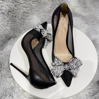 Black Bow diamond Mesh Lace High Heels Female Ladies Thin Heeled For Pointed Toe Pumps Sexy Woman Party Prom Shoes - FLORANZANI- Beauté & Santé