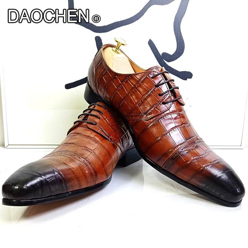 LUXURY BRAND CASUAL MEN DRESS SHOES BROWN BLACK LACE UP POINTED DERBY OXFORD PRINT WEDDING OFFICE REAL LEATHER SHOES MEN - FLORANZANI- Beauté & Santé